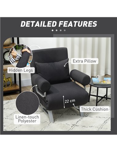 HOMCOM Single Sofa Bed, 3-in-1 Convertible Folding Chair Bed with Adjustable Backrest, Removable Armrests, Black