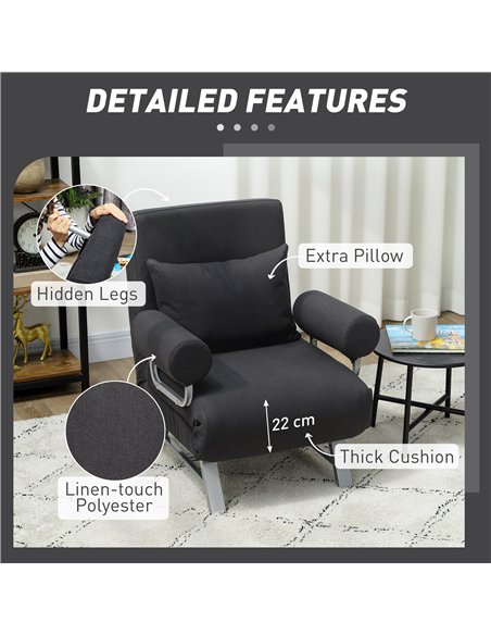HOMCOM Single Sofa Bed, 3-in-1 Convertible Folding Chair Bed with Adjustable Backrest, Removable Armrests, Black - pic 208211 | FastDaddyshop