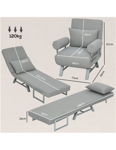 HOMCOM Single Sofa Bed, 3-in-1 Convertible Folding Chair Bed with Adjustable Backrest, Removable Armrests, Light Grey