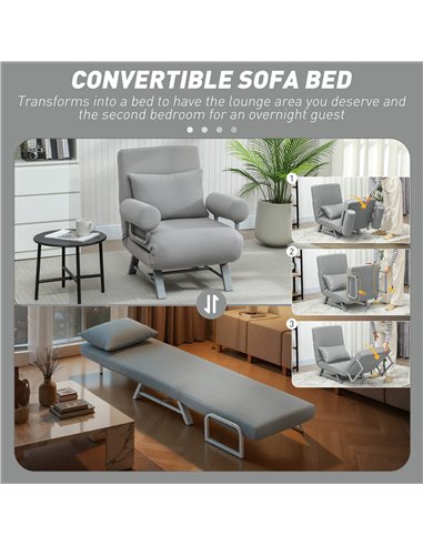 HOMCOM Single Sofa Bed, 3-in-1 Convertible Folding Chair Bed with Adjustable Backrest, Removable Armrests, Light Grey