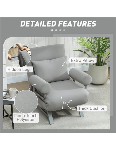 HOMCOM Single Sofa Bed, 3-in-1 Convertible Folding Chair Bed with Adjustable Backrest, Removable Armrests, Light Grey - pic 208220 | FastDaddyshop