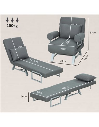 HOMCOM Single Sofa Bed, 3-in-1 Convertible Folding Chair Bed with Adjustable Backrest, Removable Armrests, Dark Grey