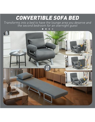 HOMCOM Single Sofa Bed, 3-in-1 Convertible Folding Chair Bed with Adjustable Backrest, Removable Armrests, Dark Grey