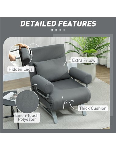 HOMCOM Single Sofa Bed, 3-in-1 Convertible Folding Chair Bed with Adjustable Backrest, Removable Armrests, Dark Grey