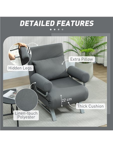 HOMCOM Single Sofa Bed, 3-in-1 Convertible Folding Chair Bed with Adjustable Backrest, Removable Armrests, Dark Grey - pic 208228 | FastDaddyshop