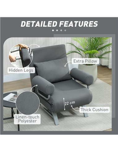 HOMCOM Single Sofa Bed, 3-in-1 Convertible Folding Chair Bed with Adjustable Backrest, Removable Armrests, Dark Grey