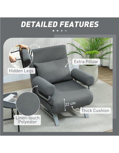 HOMCOM Single Sofa Bed, 3-in-1 Convertible Folding Chair Bed with Adjustable Backrest, Removable Armrests, Dark Grey - pic 208229 | FastDaddyshop
