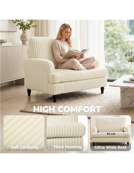 HOMCOM Corduroy Single Sofa Armchair, Modern Accent Chair with Stripes, Turned Legs and Wide Seat, Cream - pic 208236 | FastDaddyshop