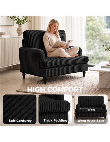 HOMCOM Corduroy Single Sofa Armchair, Modern Accent Chair with Stripes, Turned Legs and Wide Seat, Black