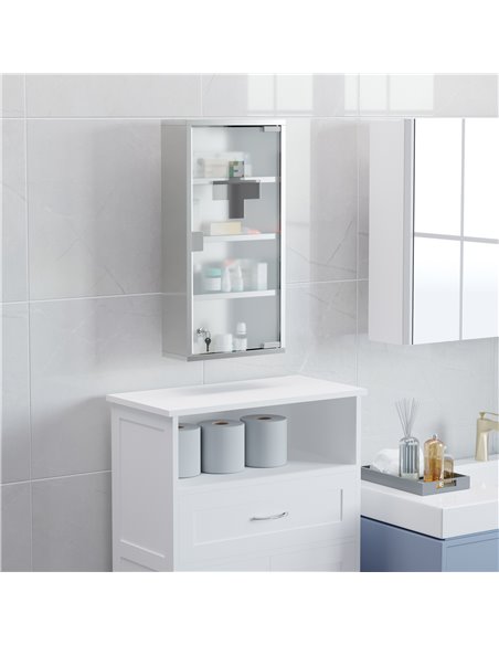 HOMCOM 4 Tier Stainless Steel Wall Mounted Medicine Cabinet with Glass Lockable Door, Silver - pic 20825 | FastDaddyshop