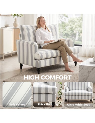 HOMCOM Velvet Single Sofa Armchair, Modern Accent Chair with Stripes, Turned Legs and Wide Seat, Grey