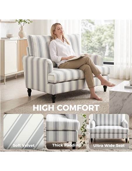 HOMCOM Velvet Single Sofa Armchair, Modern Accent Chair with Stripes, Turned Legs and Wide Seat, Grey - pic 208255 | FastDaddyshop