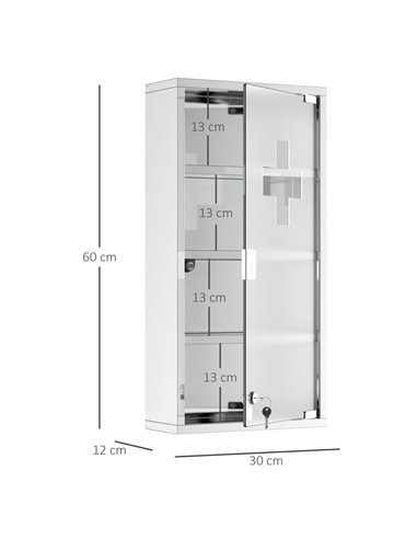 HOMCOM 4 Tier Stainless Steel Wall Mounted Medicine Cabinet with Glass Lockable Door, Silver