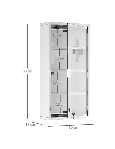 HOMCOM 4 Tier Stainless Steel Wall Mounted Medicine Cabinet with Glass Lockable Door, Silver - pic 20826 | FastDaddyshop