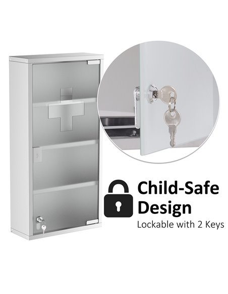 HOMCOM 4 Tier Stainless Steel Wall Mounted Medicine Cabinet with Glass Lockable Door, Silver - pic 20828 | FastDaddyshop