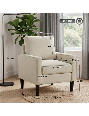 HOMCOM Accent Chair, Removable Pillow Linen Armchair with Comfy Spring Cushion for Living Room, Bedroom, Study, Cream