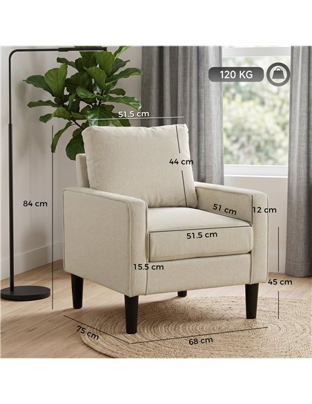 HOMCOM Accent Chair, Removable Pillow Linen Armchair with Comfy Spring Cushion for Living Room, Bedroom, Study, Cream - pic 208280 | FastDaddyshop