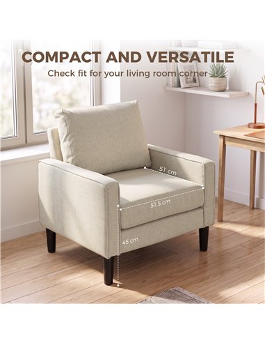 HOMCOM Accent Chair, Removable Pillow Linen Armchair with Comfy Spring Cushion for Living Room, Bedroom, Study, Cream
