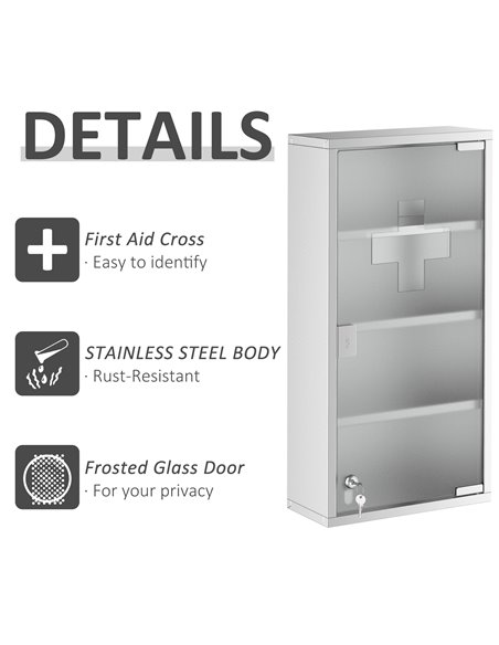 HOMCOM 4 Tier Stainless Steel Wall Mounted Medicine Cabinet with Glass Lockable Door, Silver - pic 20829 | FastDaddyshop