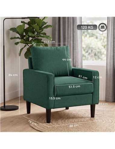 HOMCOM Accent Chair, Removable Pillow Linen Armchair with Comfy Spring Cushion for Living Room, Bedroom, Study, Dark Green