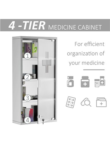 HOMCOM 4 Tier Stainless Steel Wall Mounted Medicine Cabinet with Glass Lockable Door, Silver