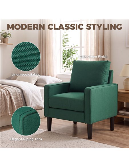 HOMCOM Accent Chair, Removable Pillow Linen Armchair with Comfy Spring Cushion for Living Room, Bedroom, Study, Dark Green - pic 208301 | FastDaddyshop