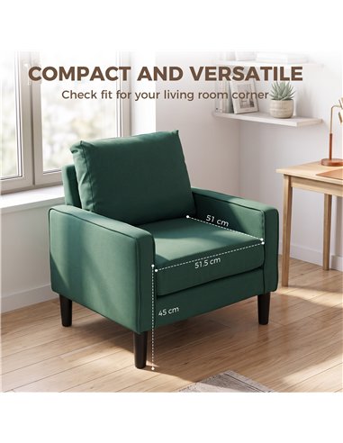 HOMCOM Accent Chair, Removable Pillow Linen Armchair with Comfy Spring Cushion for Living Room, Bedroom, Study, Dark Green