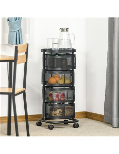 HOMCOM Metal Storage Cart, 4-Tier Storage Trolley on Wheels with 4 Mesh Baskets and Top Tray, Black