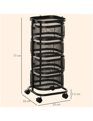 HOMCOM Metal Storage Cart, 4-Tier Storage Trolley on Wheels with 4 Mesh Baskets and Top Tray, Black