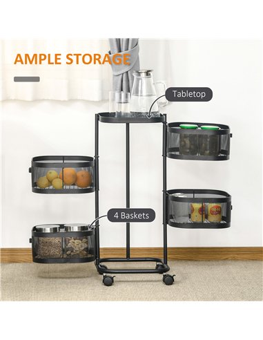 HOMCOM Metal Storage Cart, 4-Tier Storage Trolley on Wheels with 4 Mesh Baskets and Top Tray, Black