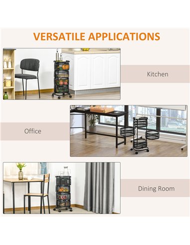 HOMCOM Metal Storage Cart, 4-Tier Storage Trolley on Wheels with 4 Mesh Baskets and Top Tray, Black