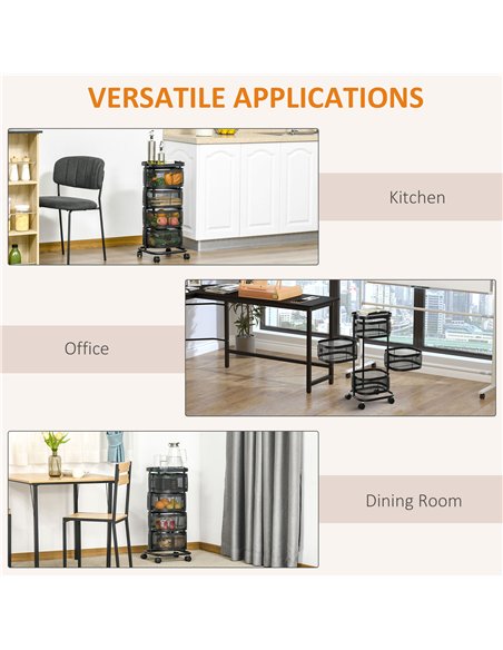 HOMCOM Metal Storage Cart, 4-Tier Storage Trolley on Wheels with 4 Mesh Baskets and Top Tray, Black - pic 208311 | FastDaddyshop