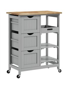HOMCOM Rolling Kitchen Island Cart, Bar Serving Cart, Compact Trolley on Wheels with Wood Top, Shelves & Drawers, Grey