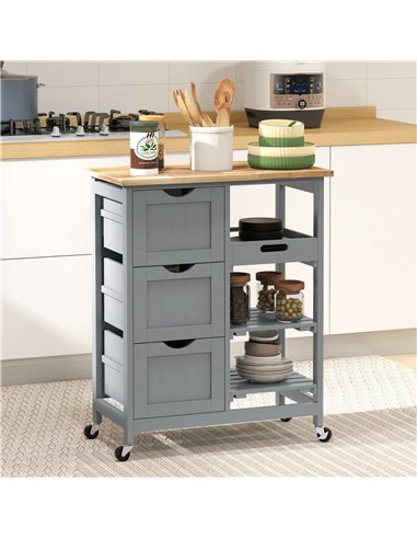 HOMCOM Rolling Kitchen Island Cart, Bar Serving Cart, Compact Trolley on Wheels with Wood Top, Shelves & Drawers, Grey