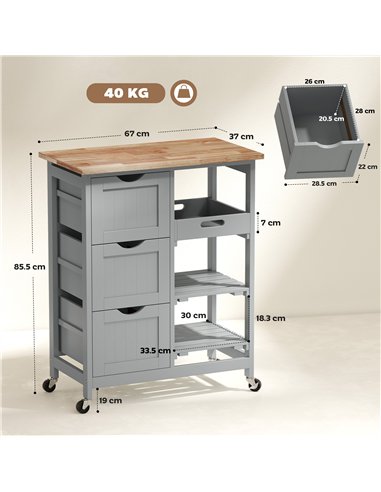HOMCOM Rolling Kitchen Island Cart, Bar Serving Cart, Compact Trolley on Wheels with Wood Top, Shelves & Drawers, Grey