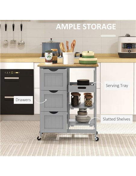 HOMCOM Rolling Kitchen Island Cart, Bar Serving Cart, Compact Trolley on Wheels with Wood Top, Shelves & Drawers, Grey - pic 208317 | FastDaddyshop
