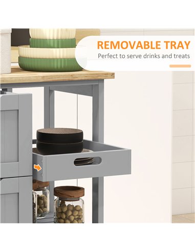 HOMCOM Rolling Kitchen Island Cart, Bar Serving Cart, Compact Trolley on Wheels with Wood Top, Shelves & Drawers, Grey