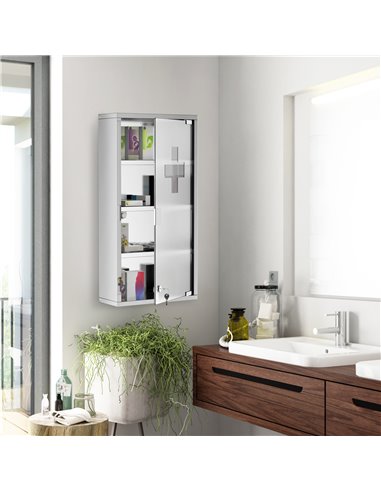 HOMCOM 4 Tier Stainless Steel Wall Mounted Medicine Cabinet with Glass Lockable Door, Silver