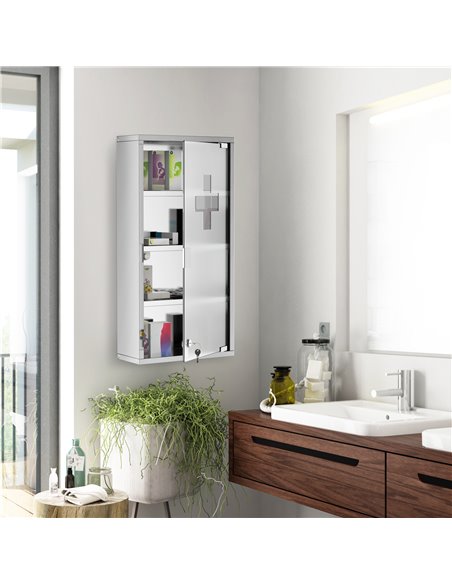 HOMCOM 4 Tier Stainless Steel Wall Mounted Medicine Cabinet with Glass Lockable Door, Silver - pic 20832 | FastDaddyshop