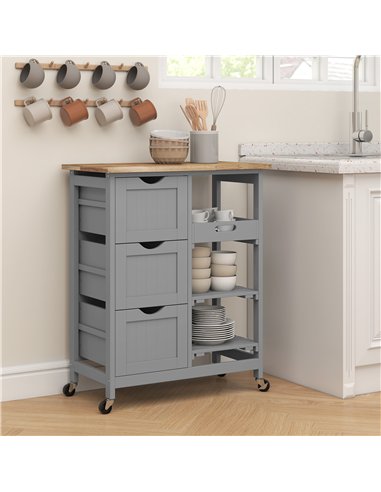HOMCOM Rolling Kitchen Island Cart, Bar Serving Cart, Compact Trolley on Wheels with Wood Top, Shelves & Drawers, Grey