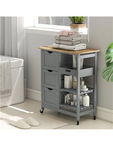 HOMCOM Rolling Kitchen Island Cart, Bar Serving Cart, Compact Trolley on Wheels with Wood Top, Shelves & Drawers, Grey
