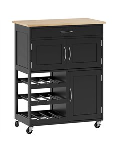HOMCOM Modern Kitchen Trolley, Rolling Island Storage Cart with Drawer, 9-bottle Wine Rack, Door Cabinets, Black