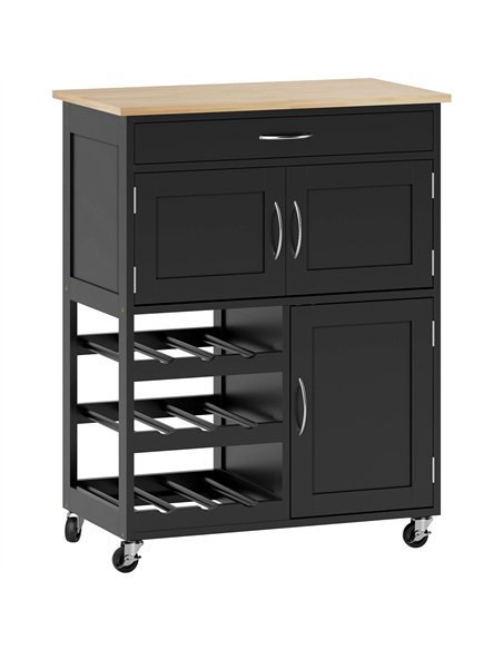 HOMCOM Modern Kitchen Trolley, Rolling Island Storage Cart with Drawer, 9-bottle Wine Rack, Door Cabinets, Black - pic 208323 | FastDaddyshop