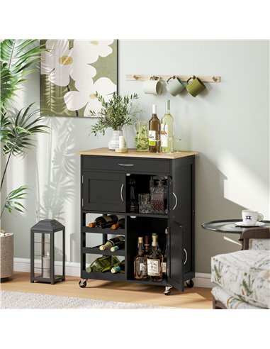 HOMCOM Modern Kitchen Trolley, Rolling Island Storage Cart with Drawer, 9-bottle Wine Rack, Door Cabinets, Black