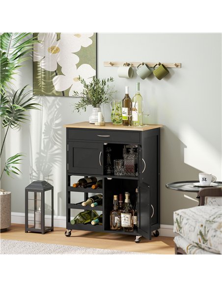 HOMCOM Modern Kitchen Trolley, Rolling Island Storage Cart with Drawer, 9-bottle Wine Rack, Door Cabinets, Black - pic 208324 | FastDaddyshop