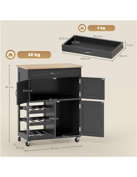 HOMCOM Modern Kitchen Trolley, Rolling Island Storage Cart with Drawer, 9-bottle Wine Rack, Door Cabinets, Black - pic 208325 | FastDaddyshop