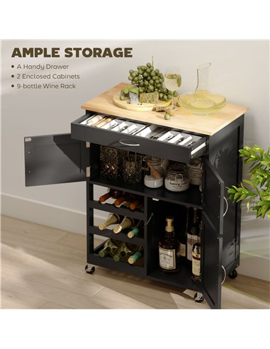 HOMCOM Modern Kitchen Trolley, Rolling Island Storage Cart with Drawer, 9-bottle Wine Rack, Door Cabinets, Black