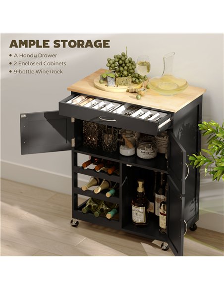 HOMCOM Modern Kitchen Trolley, Rolling Island Storage Cart with Drawer, 9-bottle Wine Rack, Door Cabinets, Black - pic 208326 | FastDaddyshop