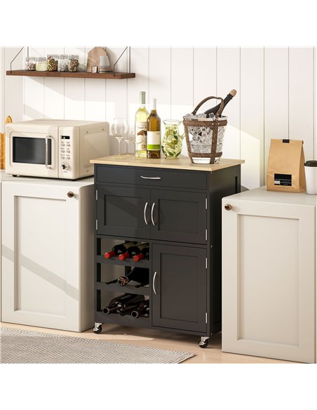HOMCOM Modern Kitchen Trolley, Rolling Island Storage Cart with Drawer, 9-bottle Wine Rack, Door Cabinets, Black - pic 208329 | FastDaddyshop