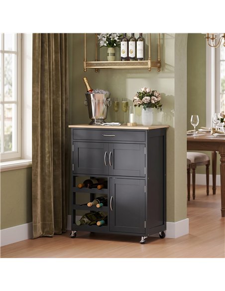 HOMCOM Modern Kitchen Trolley, Rolling Island Storage Cart with Drawer, 9-bottle Wine Rack, Door Cabinets, Black - pic 208330 | FastDaddyshop